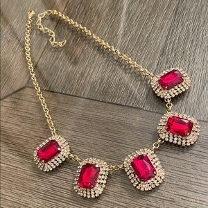 Glamorous Statement Necklace with Large Emerald-cut Red & Clear Rhinestones